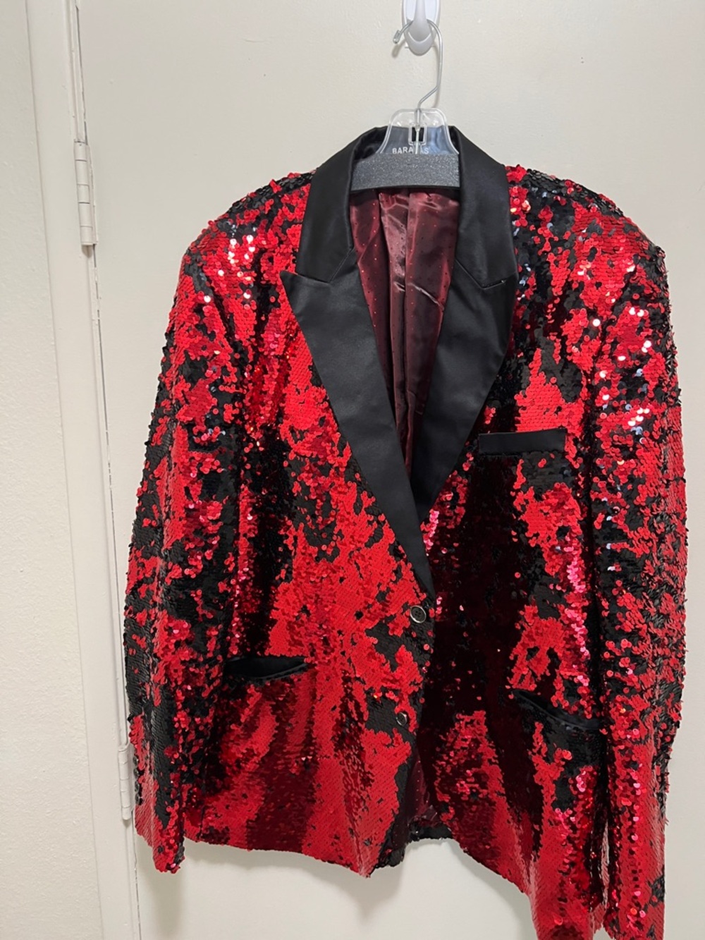 Red & Black Sequin Tuxedo Jacket with Satin Lapel